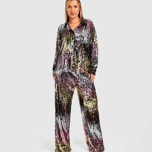 Sequin Wide Leg 2 Piece Set - Multicolor